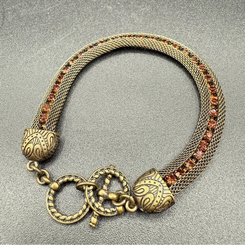 Vintage Romanesque Mesh Chain Bracelet with Sparkly Amber Rhinestones